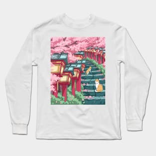 The Japanese shrine, cats, and pink sakura blossom Long Sleeve T-Shirt